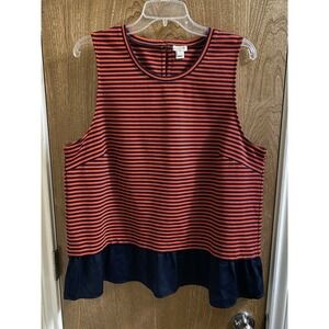 J. Crew Red and Navy Blue Striped Ruffle Hem Tank Top Size XL Button Back